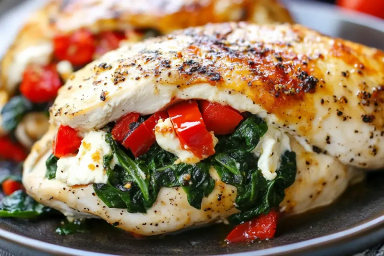 Roasted Red Pepper Spinach and Mozzarella Stuffed Chicken