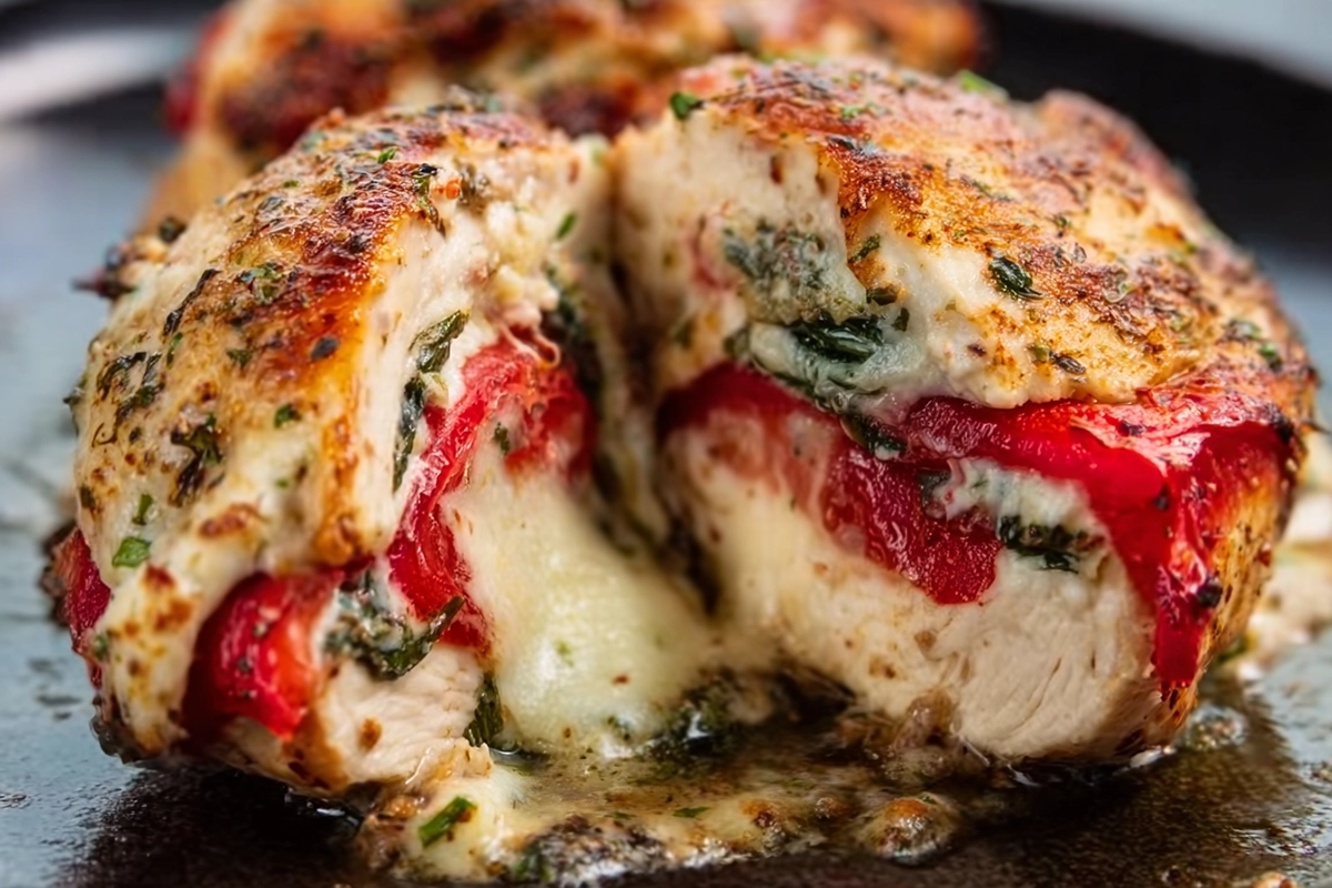 Roasted red pepper spinach and mozzarella stuffed chicken 4 Roasted red pepper spinach and mozzarella stuffed chicken