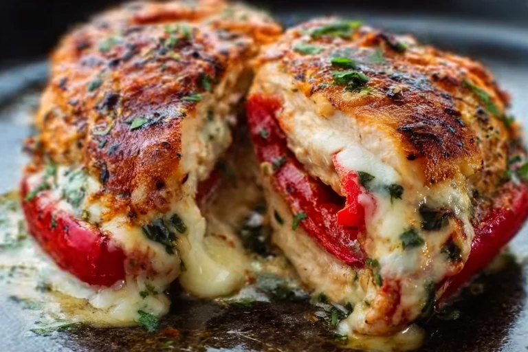 Roasted red pepper spinach and mozzarella stuffed chicken