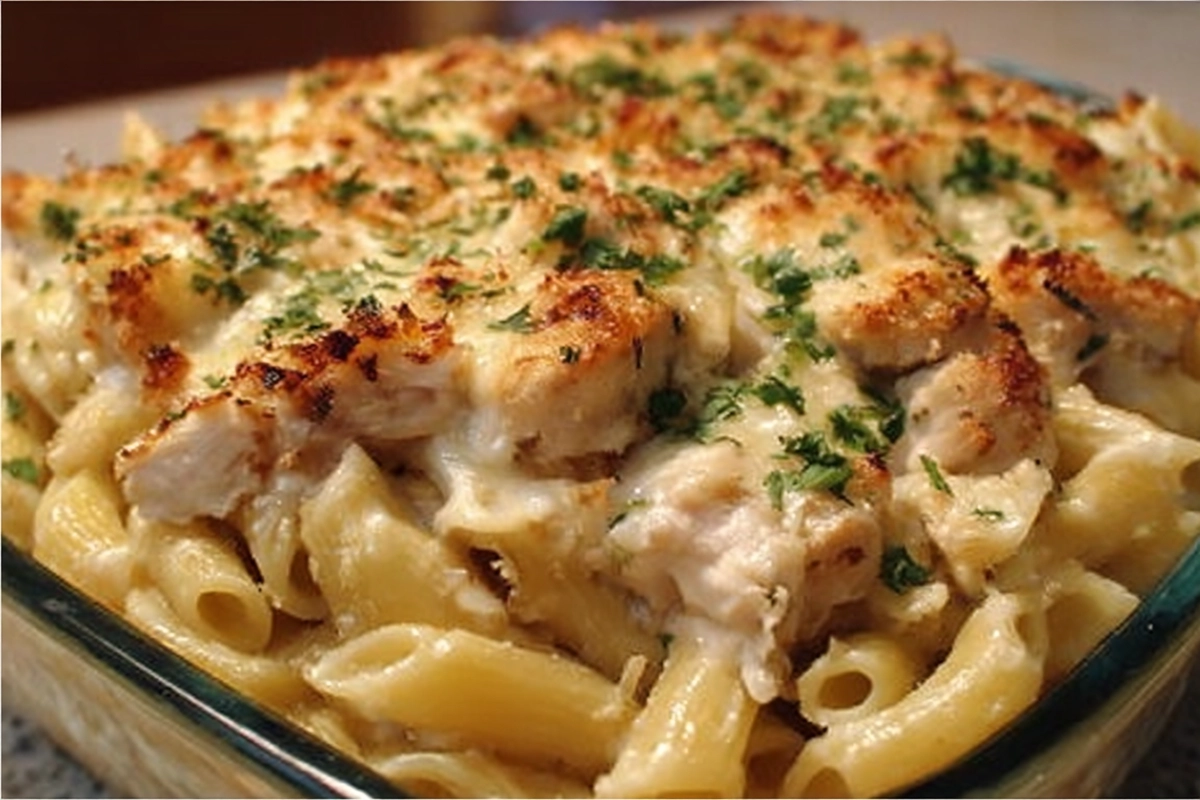 creamy garlic parmesan chicken pasta bake