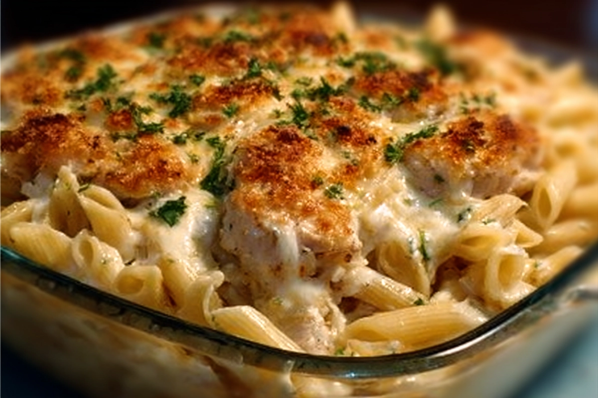 creamy garlic parmesan chicken pasta bake