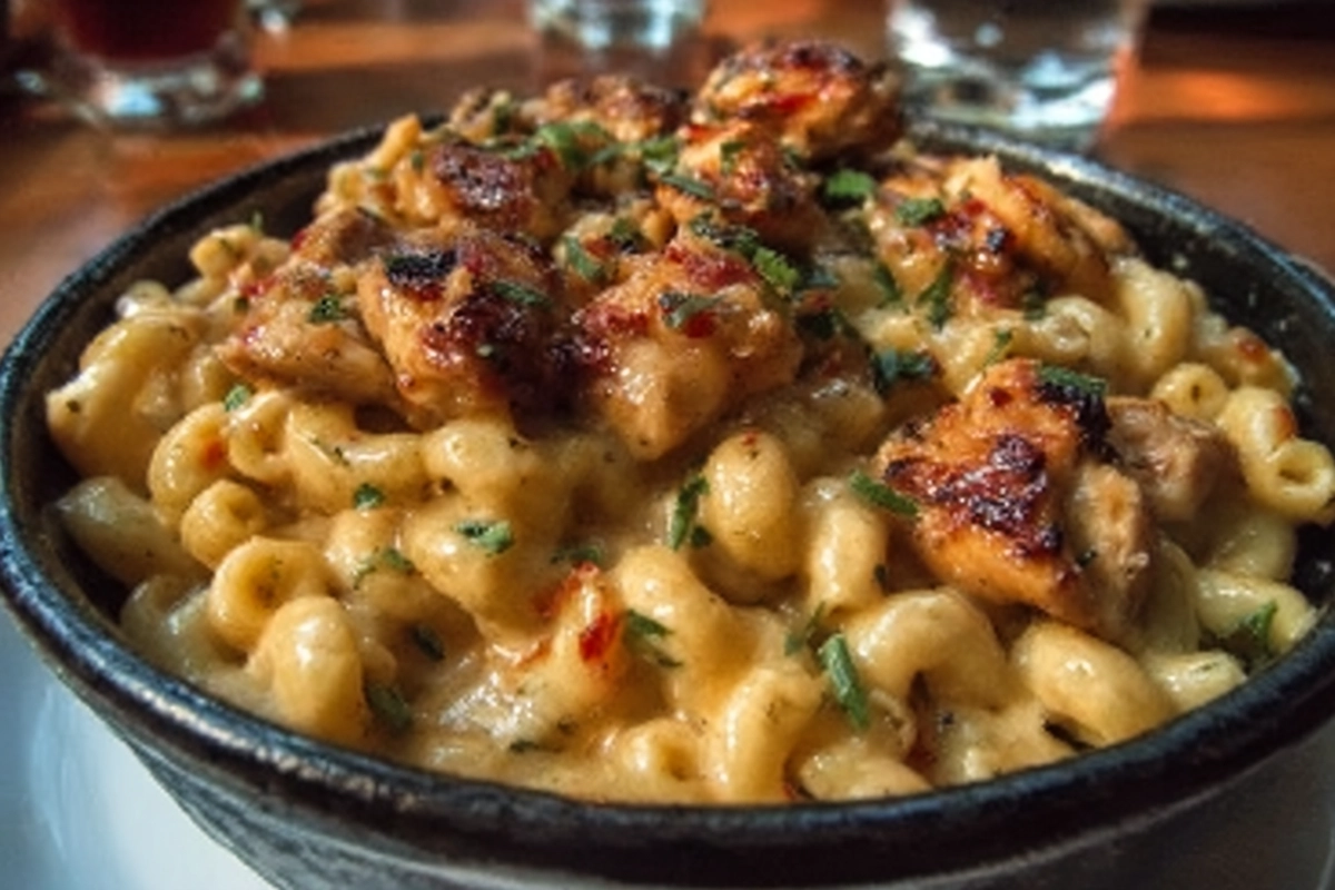 sweet and spicy honey pepper chicken with creamy macaroni cheese