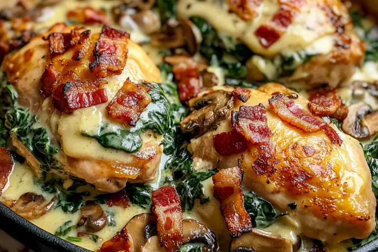 smothered chicken with creamed spinach bacon and mushrooms