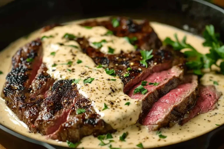 Cast Iron Bavette Steak with Whiskey Garlic Cream Sauce