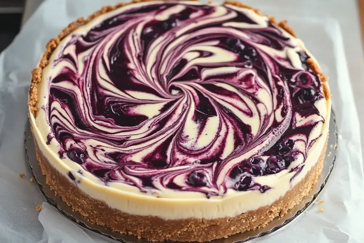 White Chocolate Blueberry Swirl Cheesecake
