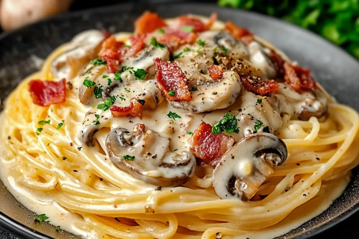 Creamy Mushroom and Bacon Spaghetti