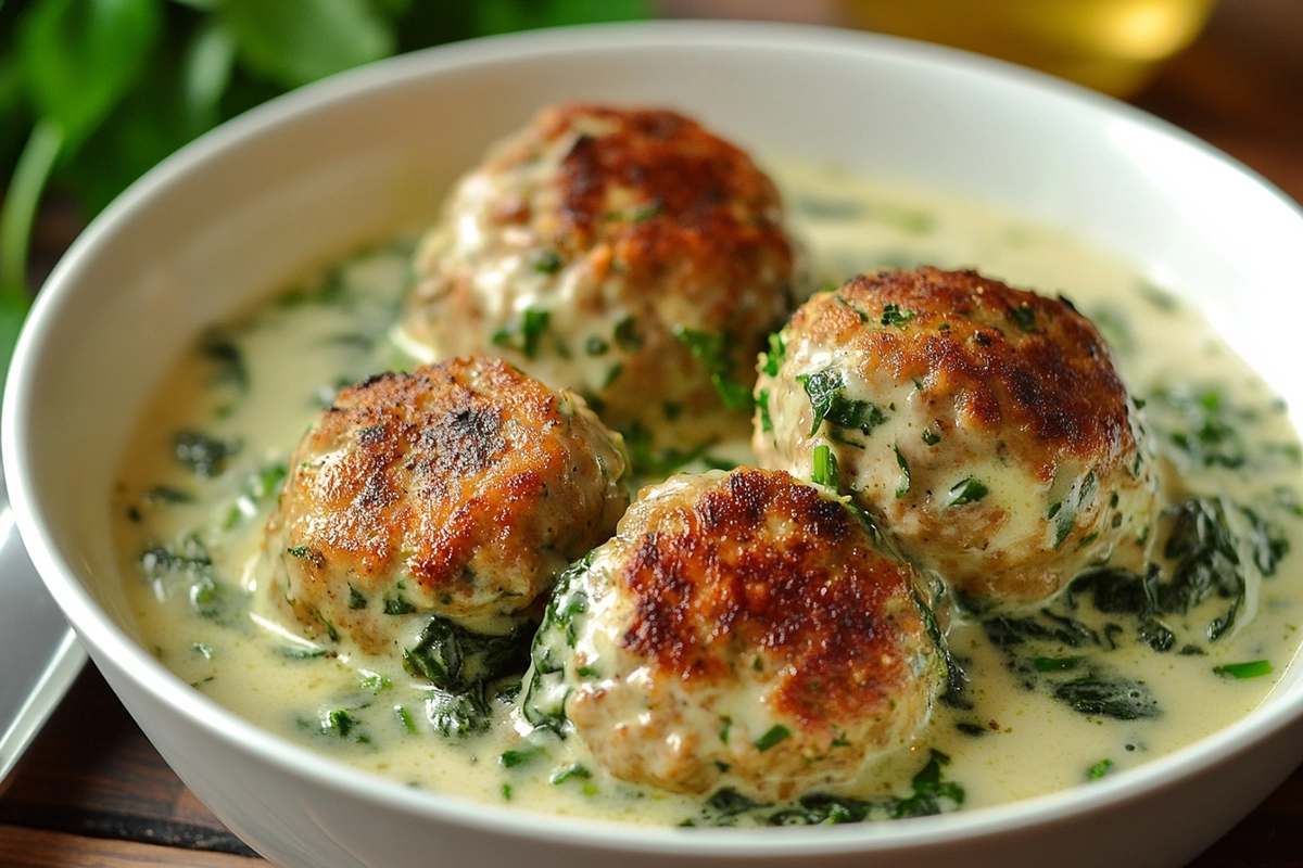 Southern Style Baked Chicken Ricotta Meatballs with Spinach Alfredo Sauce