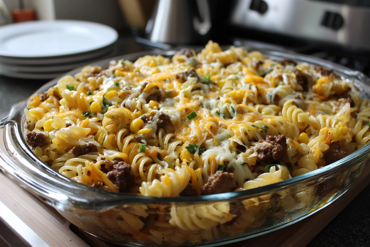 Loaded Cheddar Ranch Beef And Sweet Corn Rotini Bake