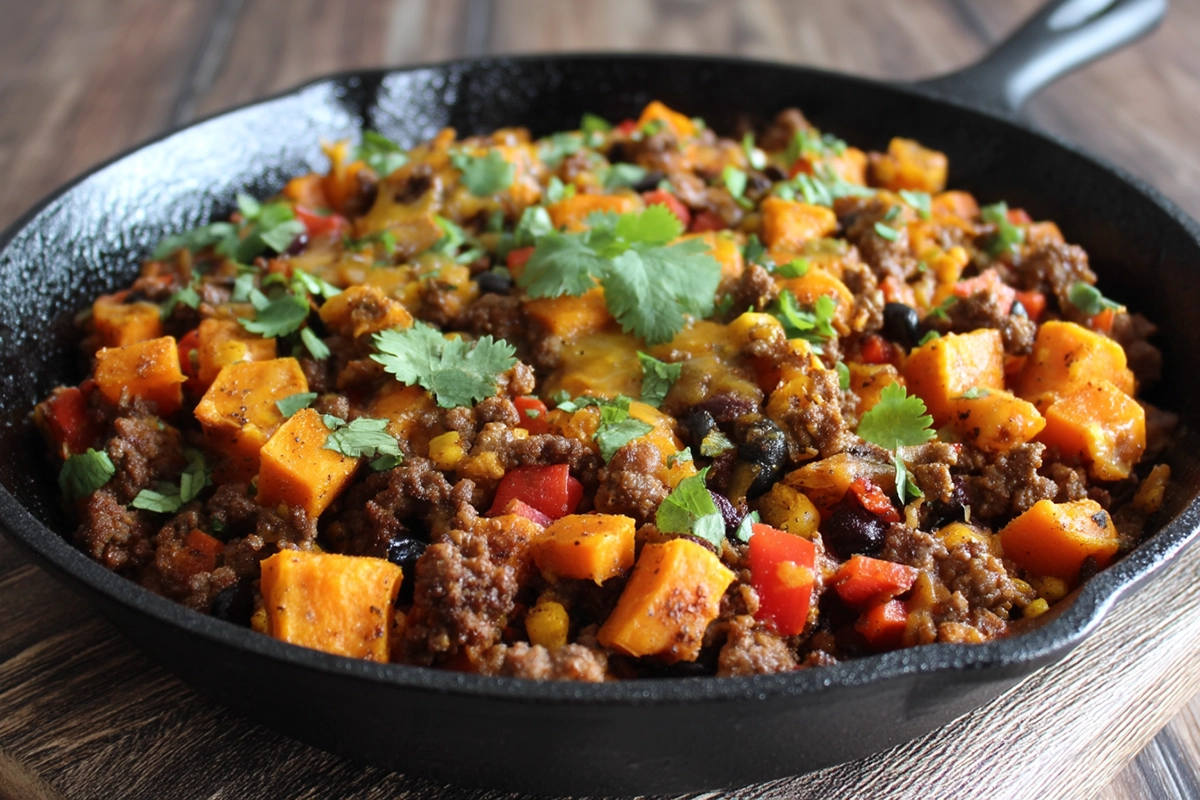 Southwest Ground Beef And Sweet Potato Skillet