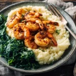 Spicy Shrimp with Cauliflower Mash and Garlic Kale