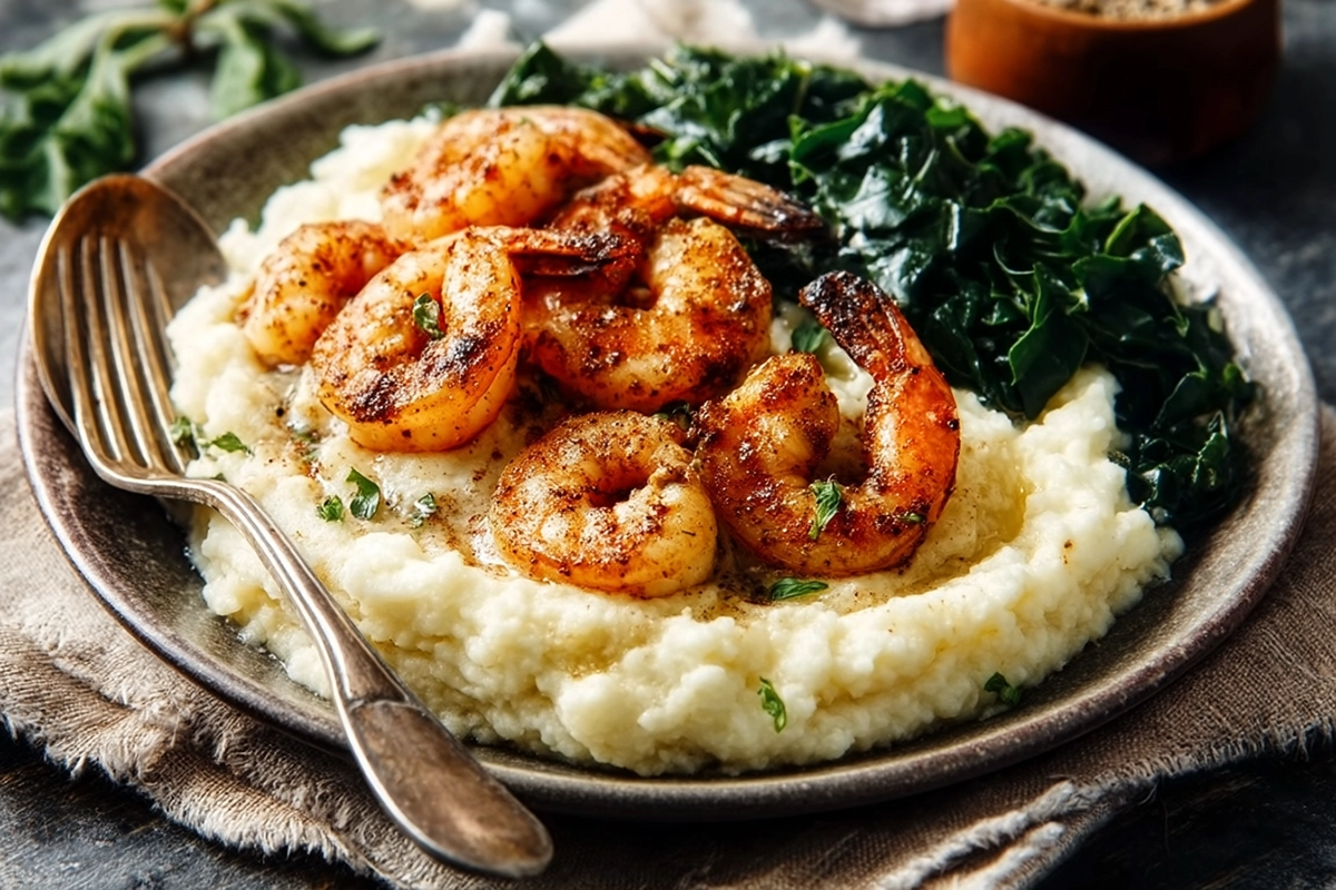 Spicy Shrimp with Cauliflower Mash and Garlic Kale