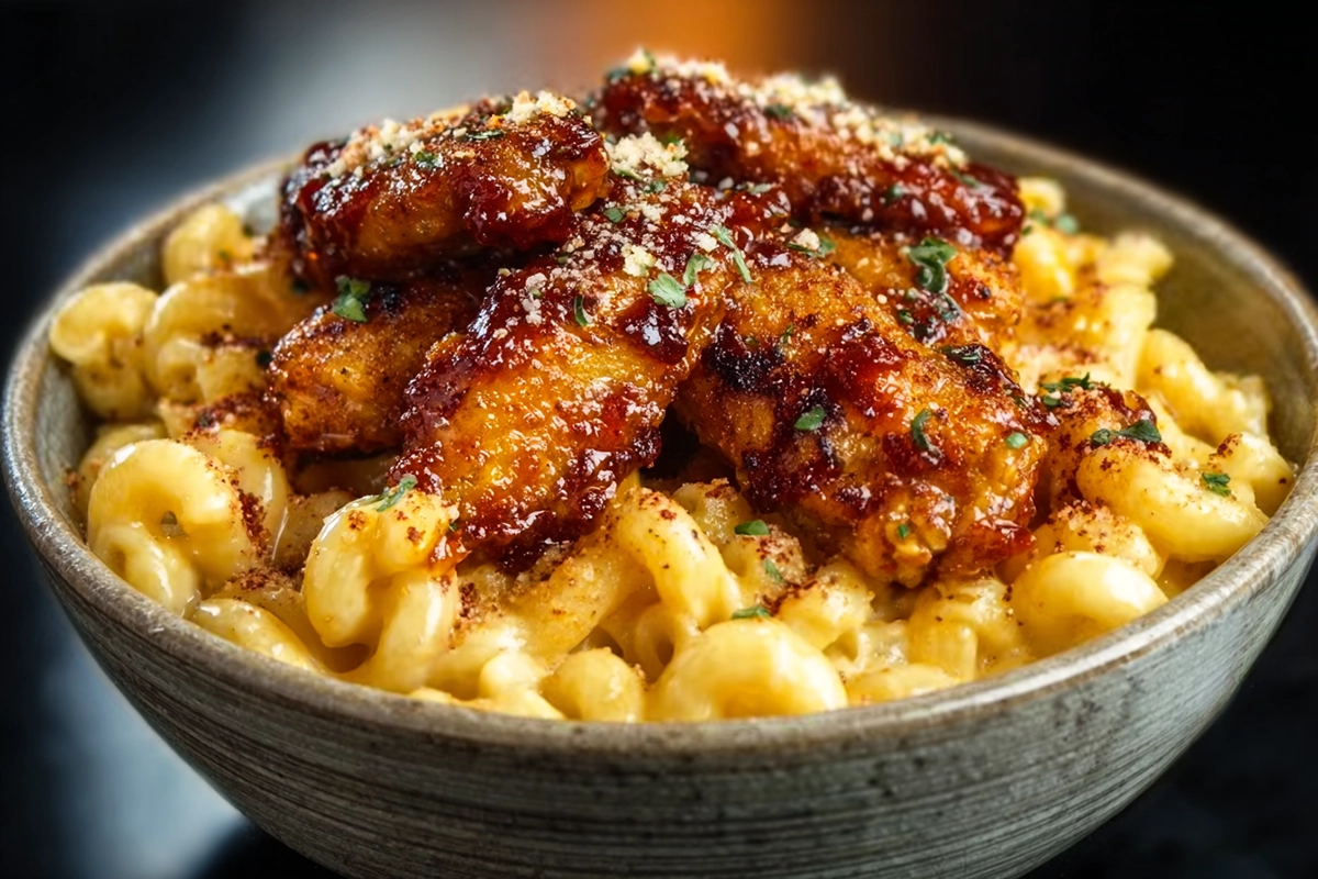 Honey pepper chicken with creamy macaroni cheese