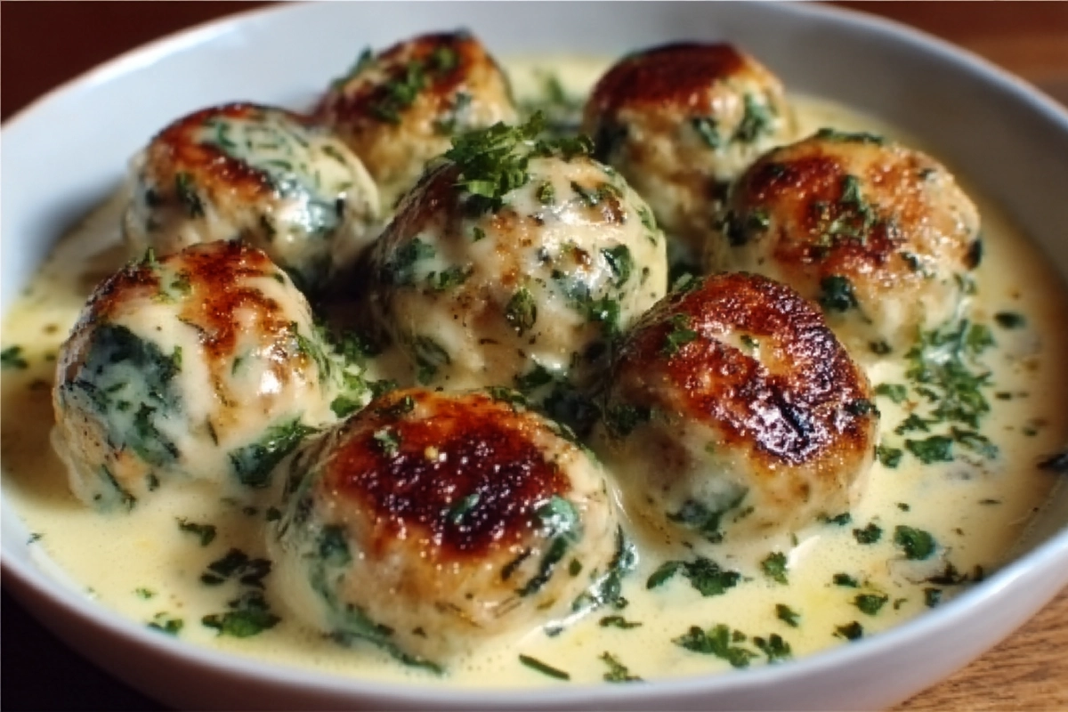 chicken ricotta meatballs in spinach alfredo sauce