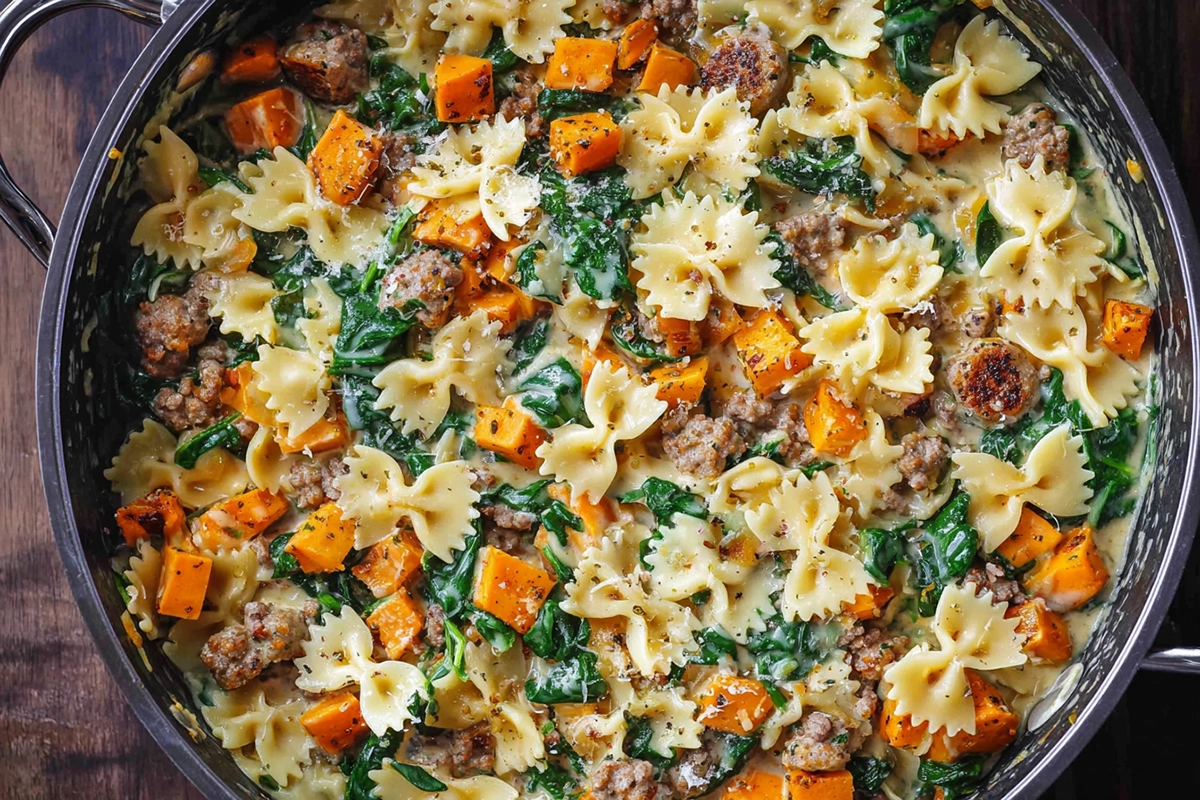 Creamy Roasted Butternut Squash Pasta with Sausage and Spinac