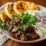 beef vindaloo with rice and naan