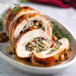 Best Christmas stuffed turkey breast on plate with herb cranberry stuffing and gravy