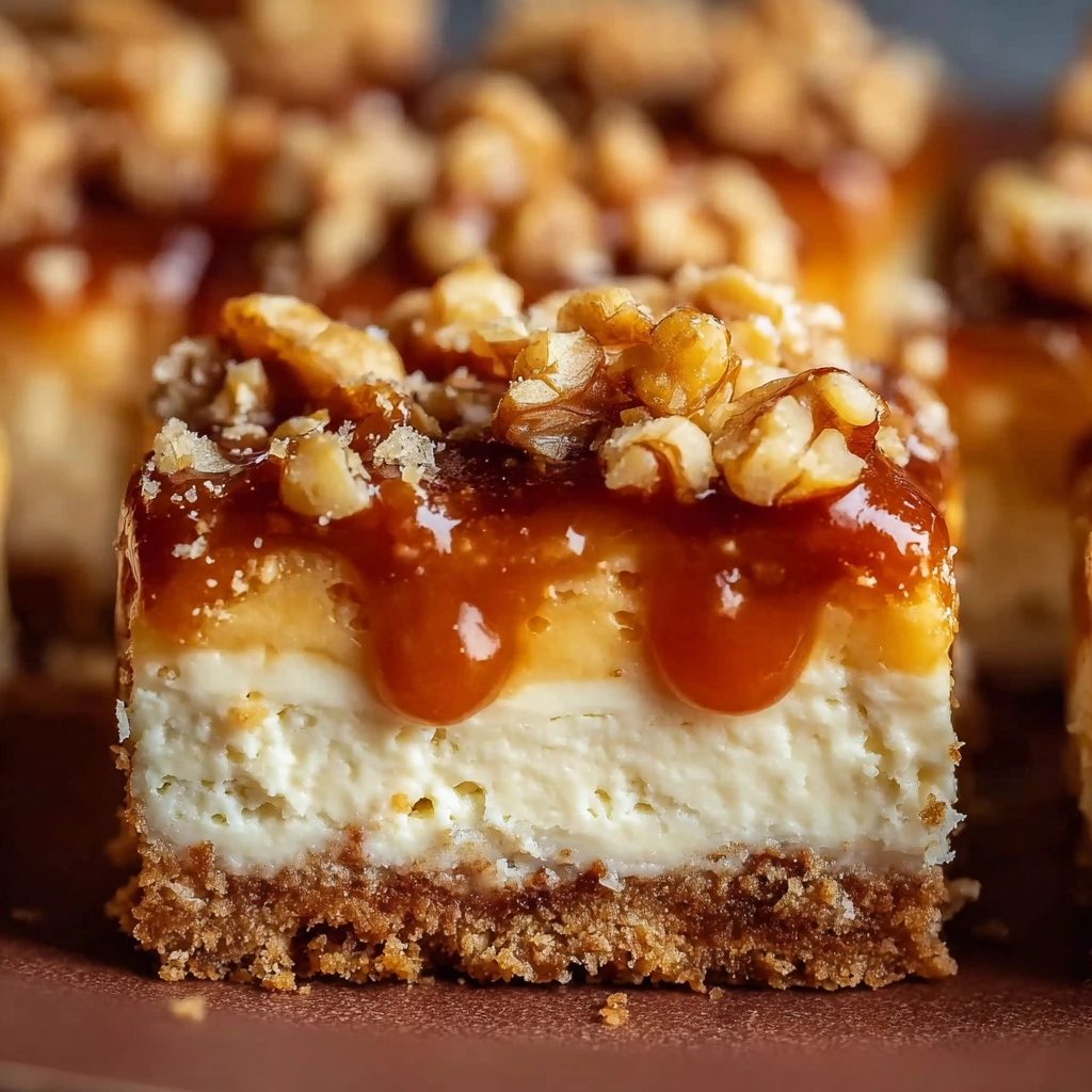 Sliced Caramel Apple Cheesecake Bars served with caramel