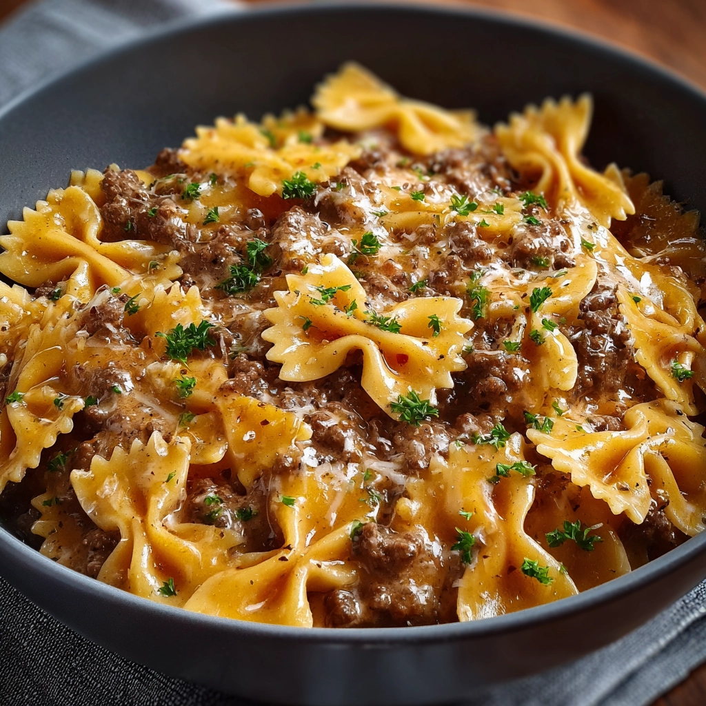 creamy parmesan garlic beef pasta in rustic bowl