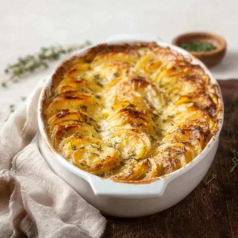 creamy scalloped potatoes recipe baked in ceramic dish
