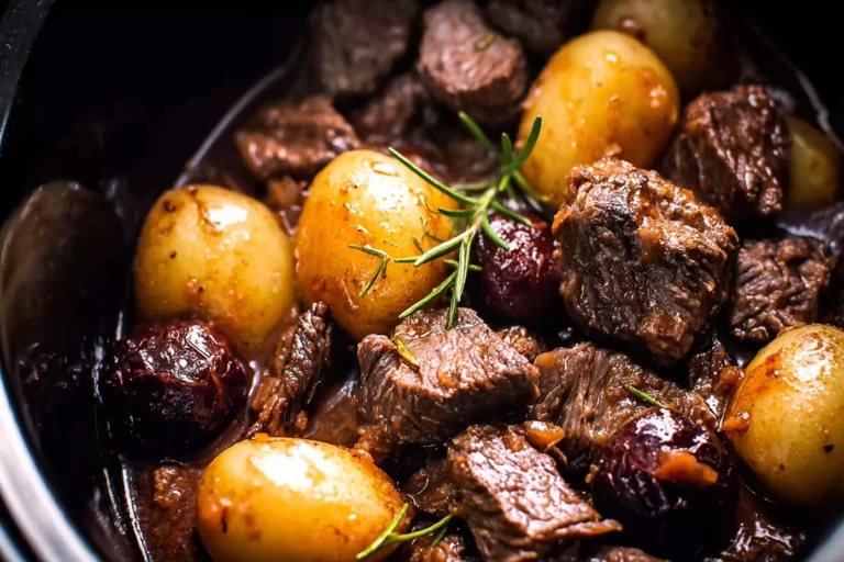 crockpot garlic butter beef bites with potatoes