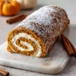 Fall pumpkin spice roll cake on wooden board
