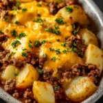 Hobo Casserole Ground Beef in a rustic baking dish