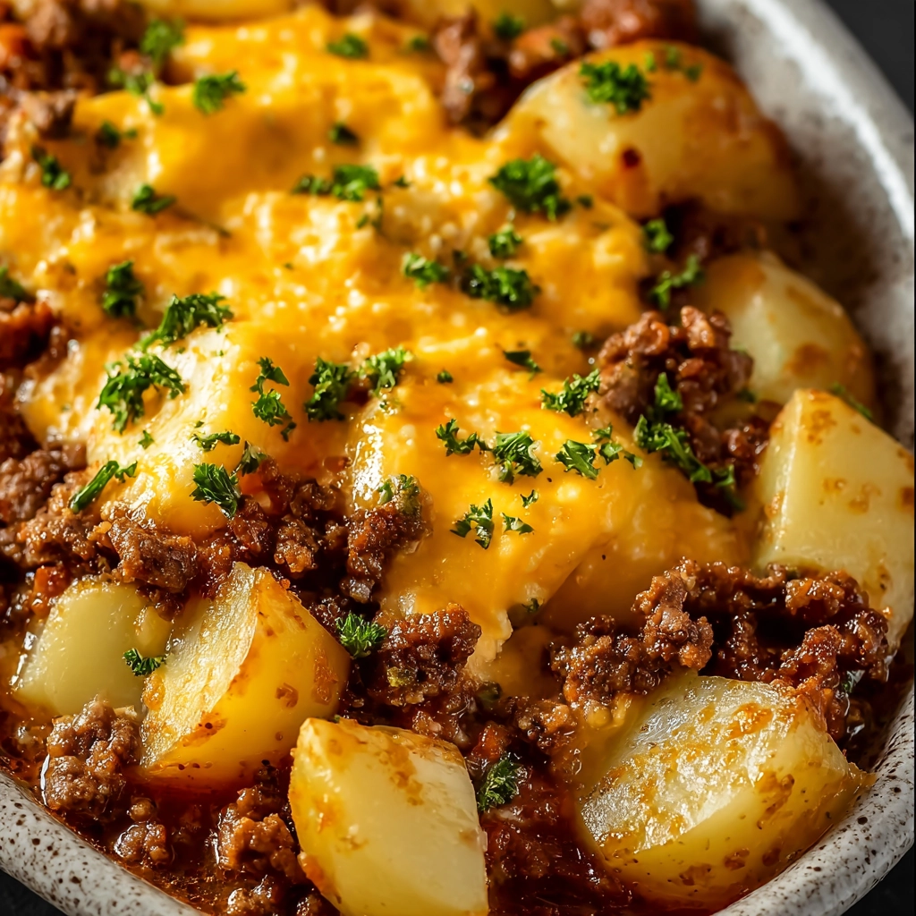 Hobo Casserole Ground Beef in a rustic baking dish