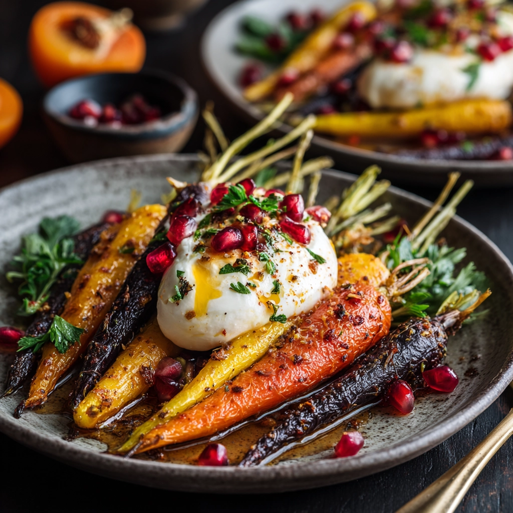 Honey Roasted Rainbow Carrots with Burrata and Pomegranate 5 serving honey roasted rainbow carrots