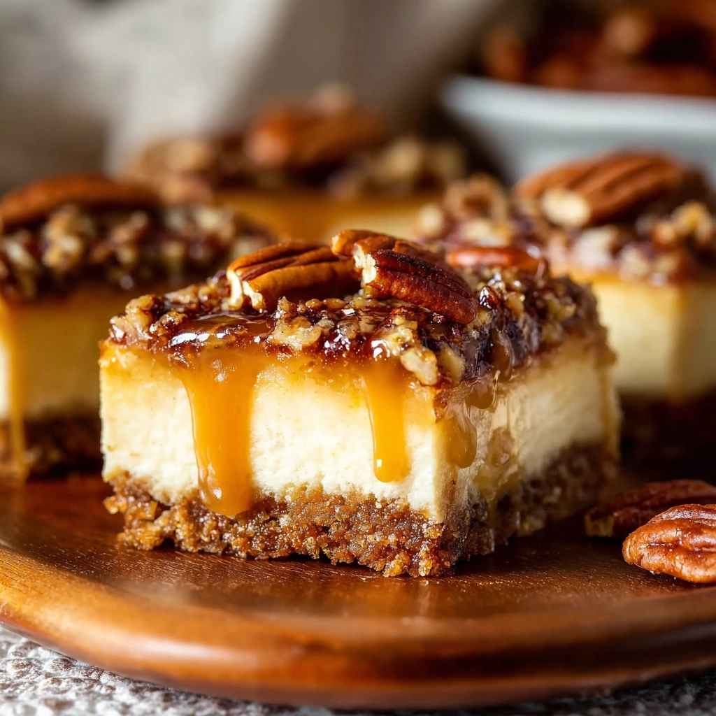 Pecan pie cheesecake bars with pecan topping
