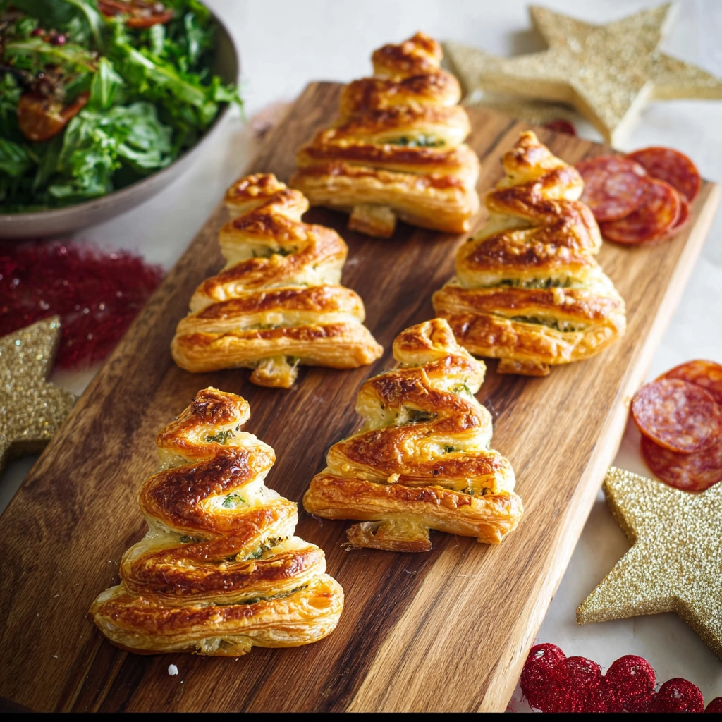 Pesto Puff Pastry Christmas Trees: A Festive, Golden Holiday Appetizer 3 pesto puff pastry Christmas trees on holiday platter