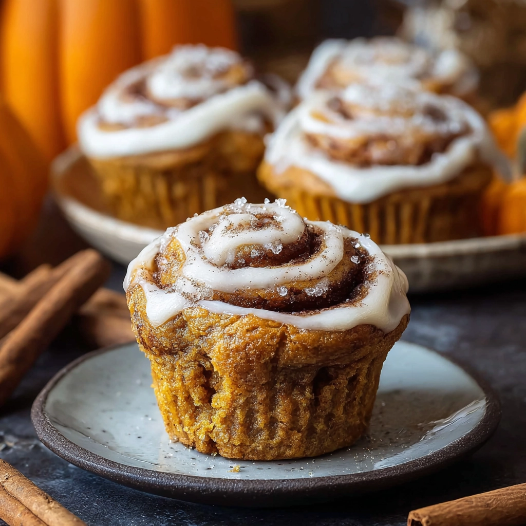 pumpkin cinnamon roll muffins on wooden table
