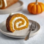 pumpkin spice roll cake dessert on wooden table
