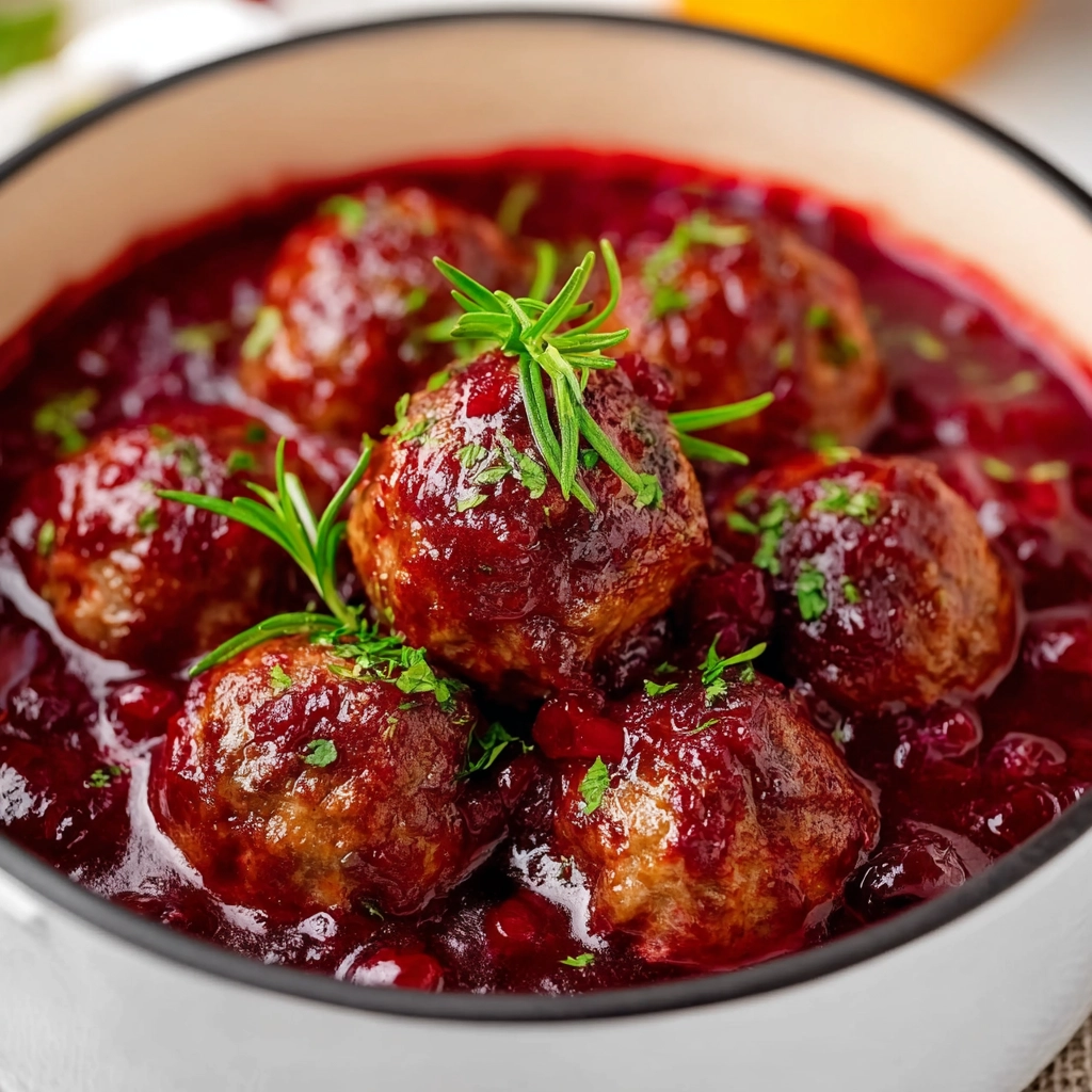 quick Christmas cranberry meatballs on festive plate