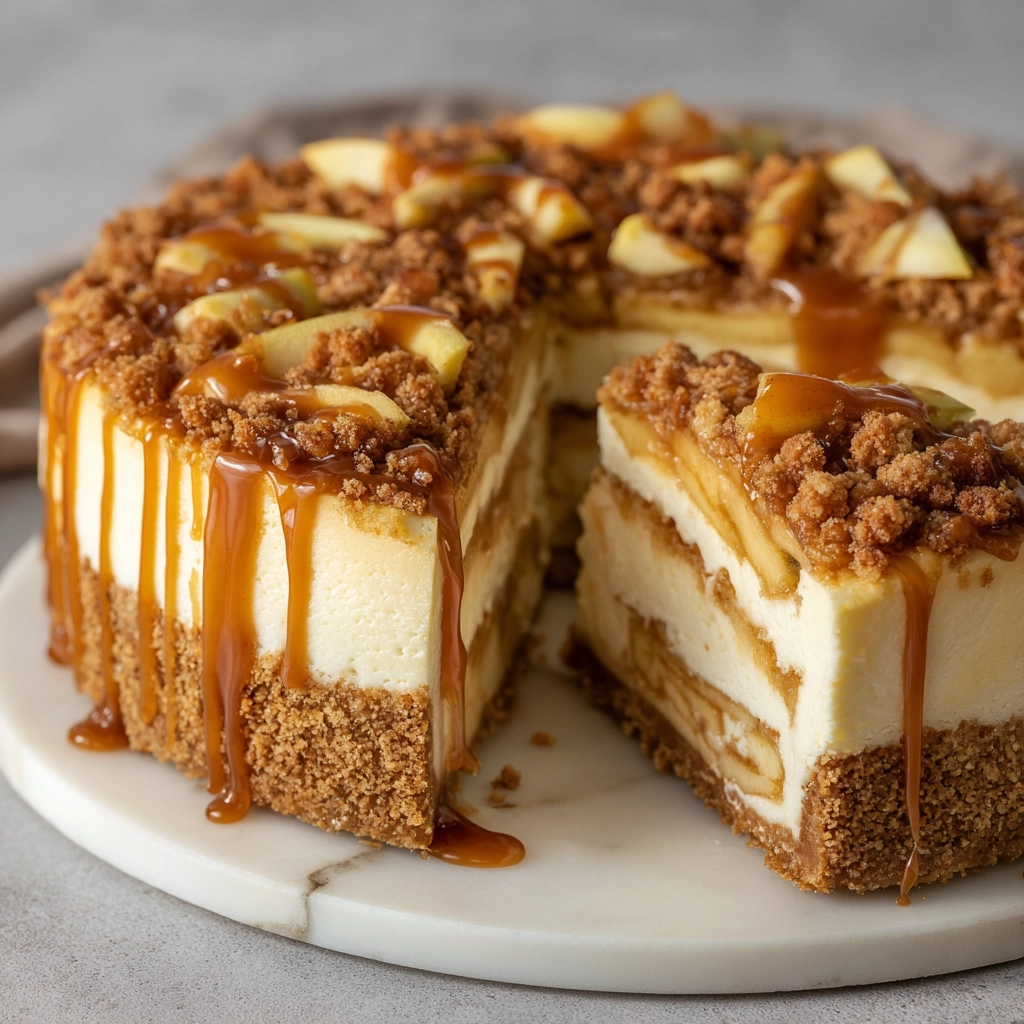 salted caramel apple pie cheesecake on rustic table