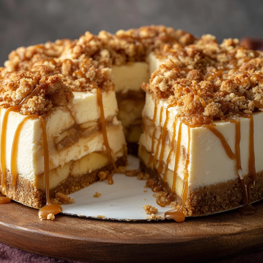 slice of salted caramel apple pie cheesecake