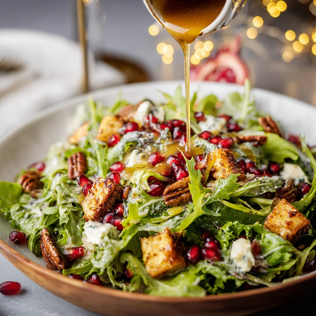 Serving Christmas Salad with Honey Mustard Dressing