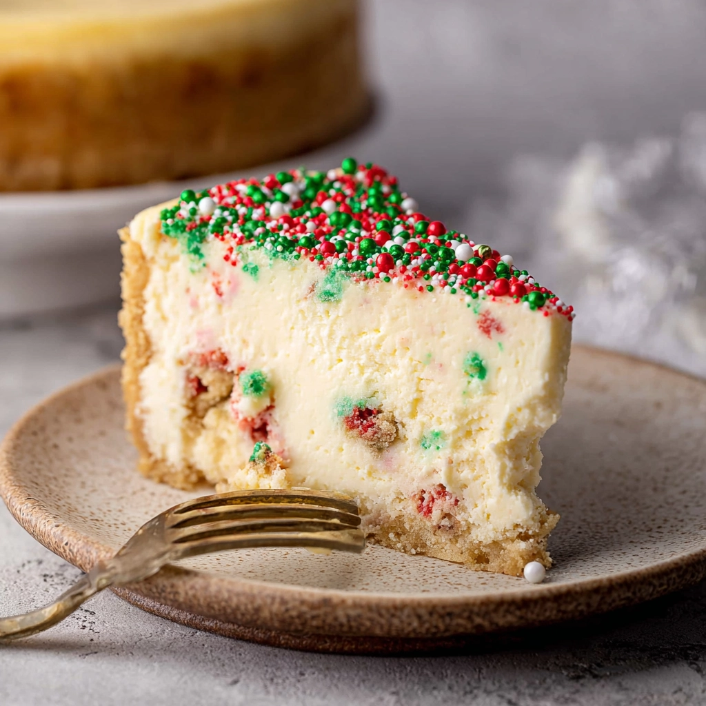Sugar Cookie Cheesecake – A Sweet Holiday Dessert You’ll Never Forget 5 serving sugar cookie cheesecake slice