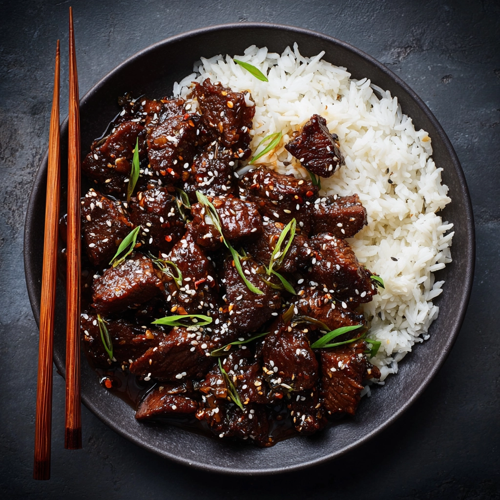 serving sweet and sticky steak bites with rice