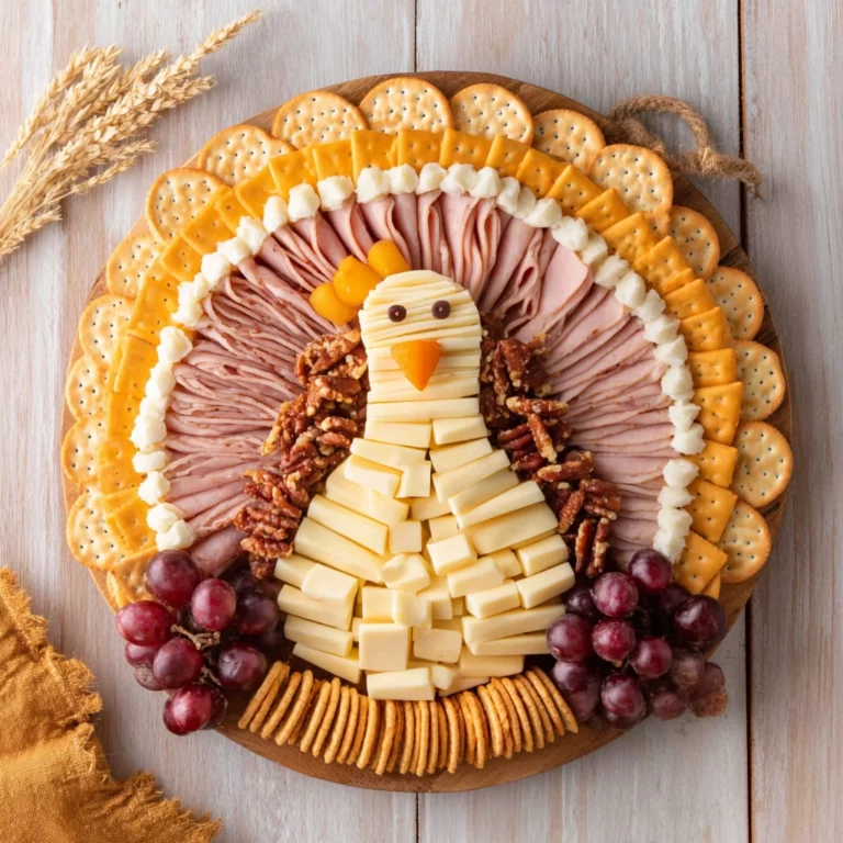 thanksgiving turkey charcuterie board on wooden table