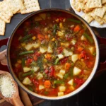 vegetable soup recipe in rustic bowl