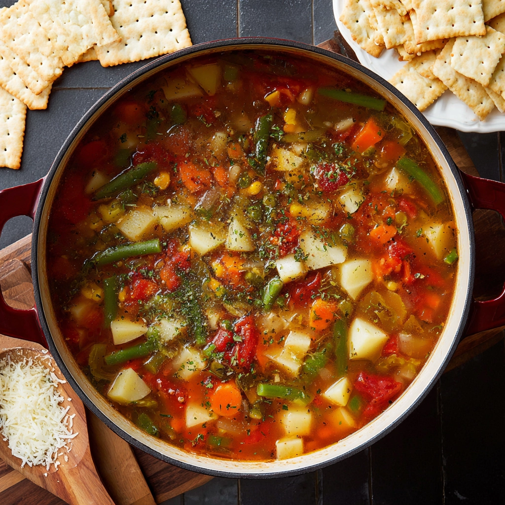 vegetable soup recipe in rustic bowl
