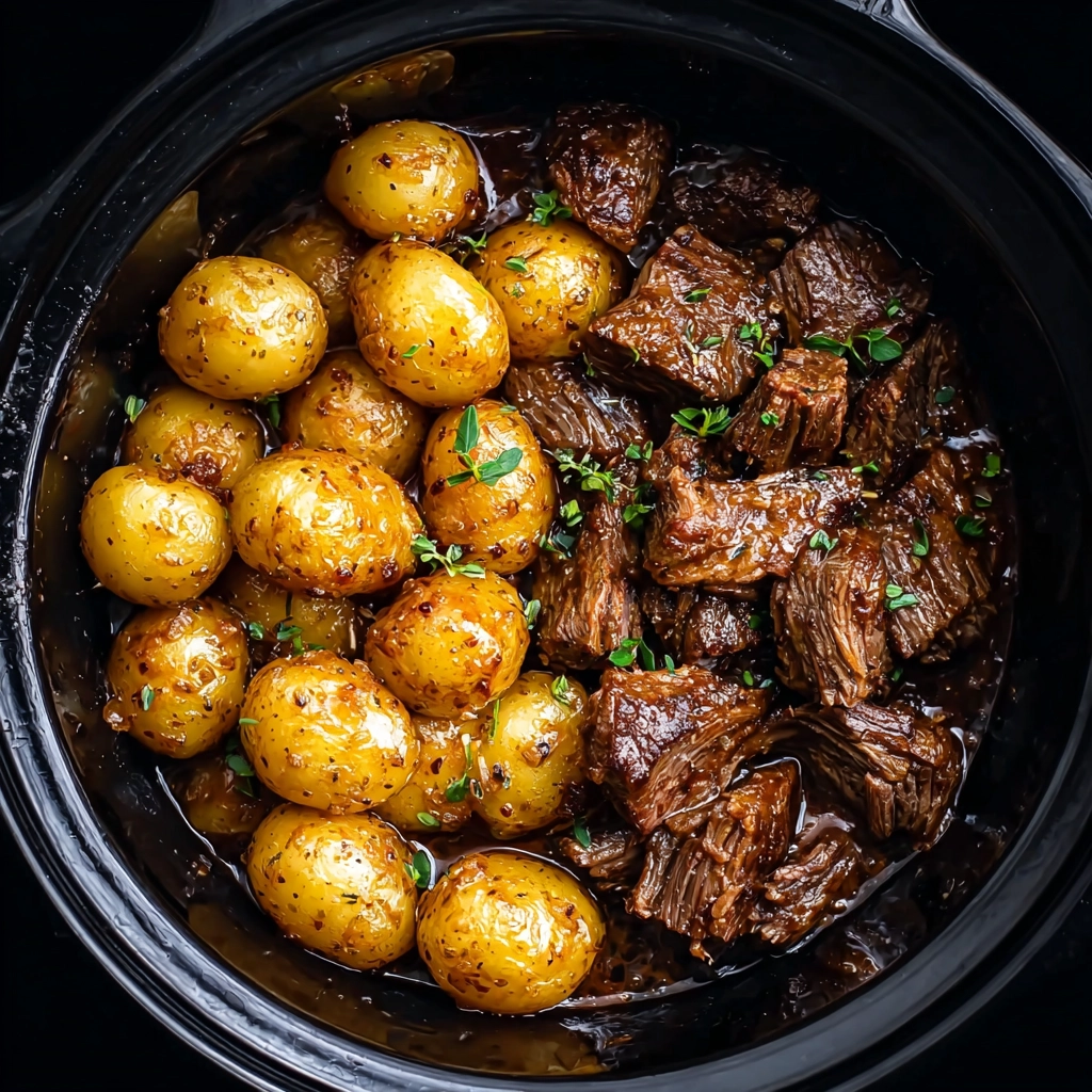 Slow Cooker Garlic Butter Beef Bites with Potatoes