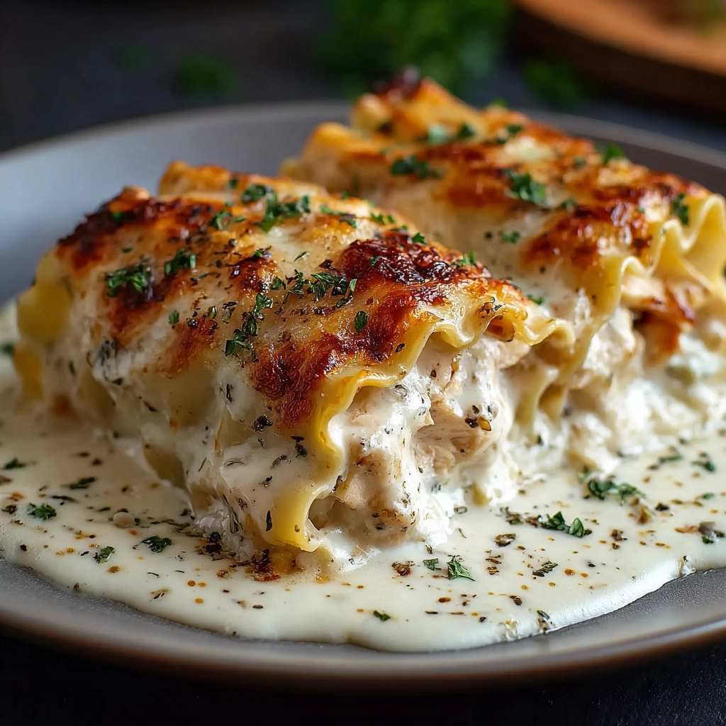 chicken alfredo lasagna rolls