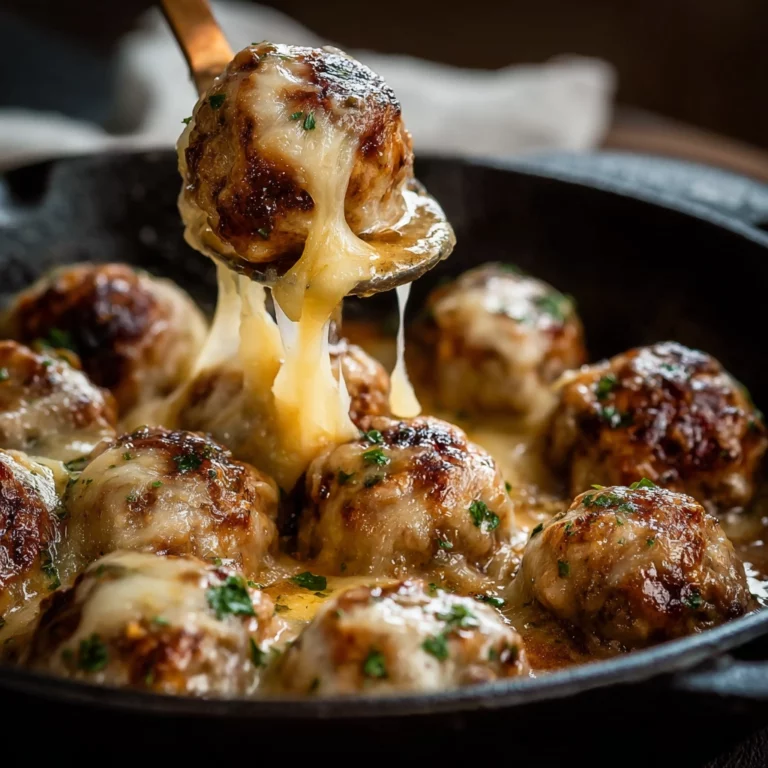 French Onion Meatballs in cast-iron skillet