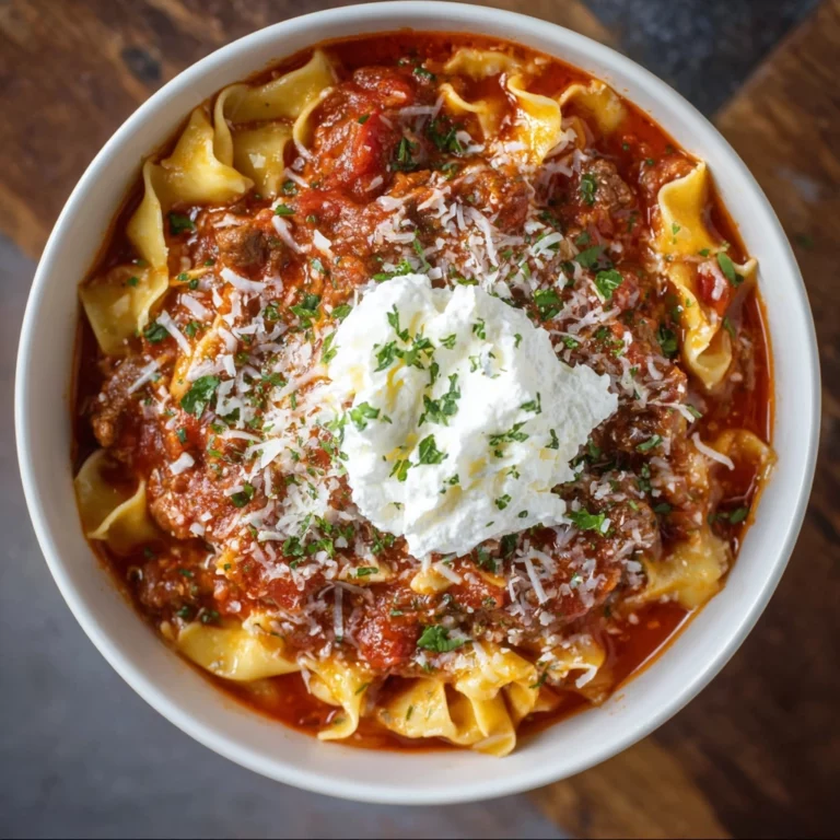 High protein lasagna soup in bowl with ricotta