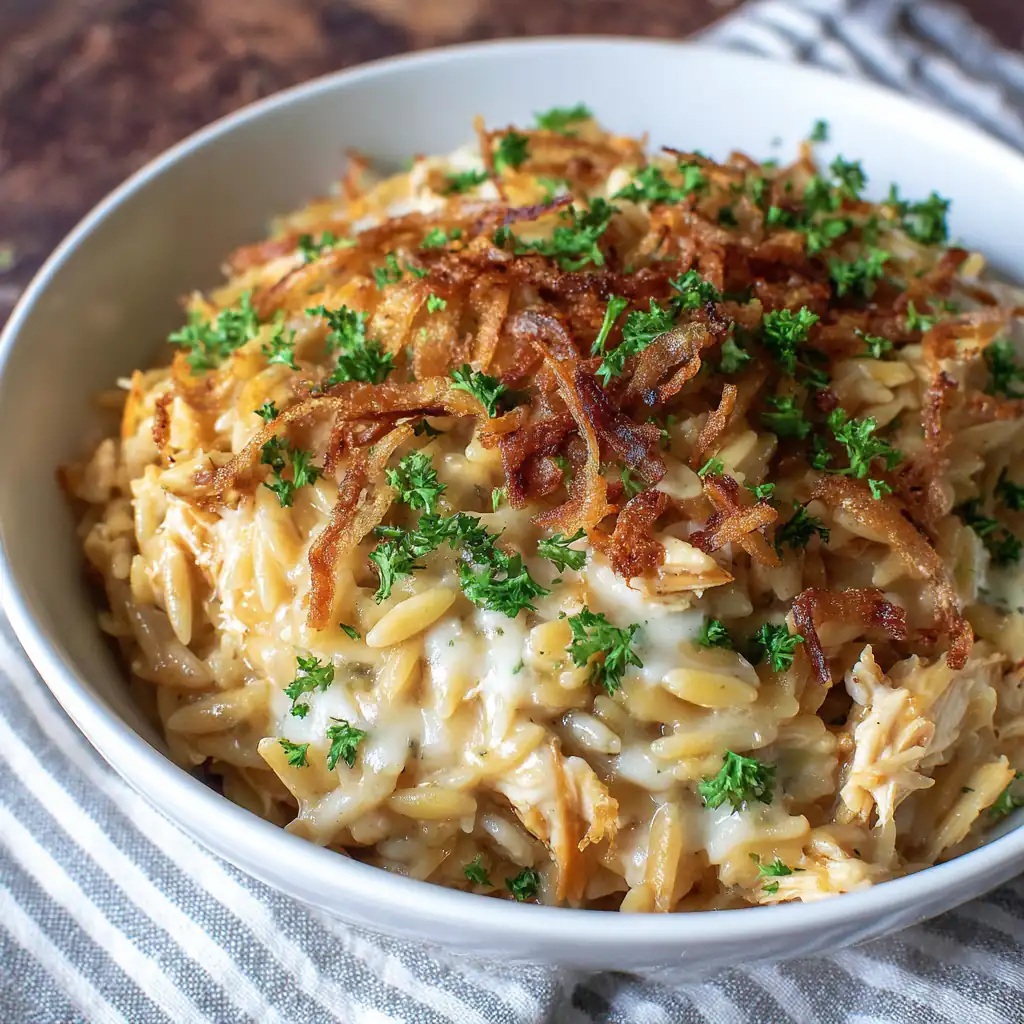 French Onion Chicken Orzo Casserole