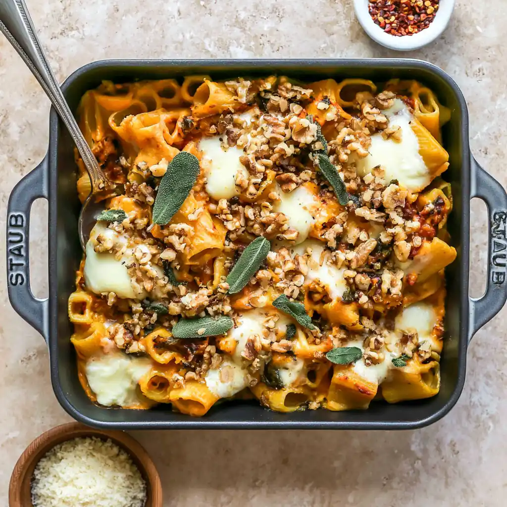 Cheesy Pumpkin Pasta Bake With Walnut-Sage Topping 4 Cheesy Pumpkin Pasta Bake